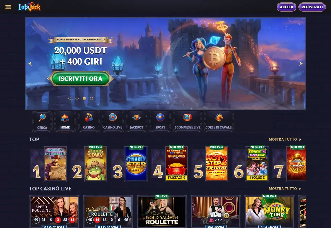 trustly casino online: la homepage del casinò LolaJack